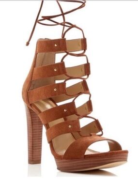 Women MK Michael Kors Suede Lace-Up Gladiator ‘Luggage’ Brown Heels, Size 8